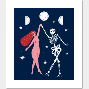 Woman Dancing With Skeleton under Full Moon illustration Posters and Art